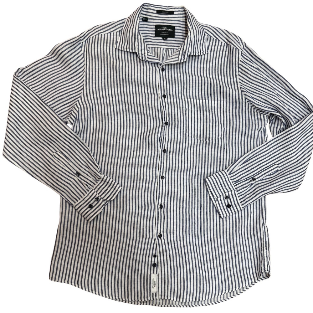 Rodd & Gunn Blue White Striped Linen Shirt XL | Italian Fabric Sports Fit
